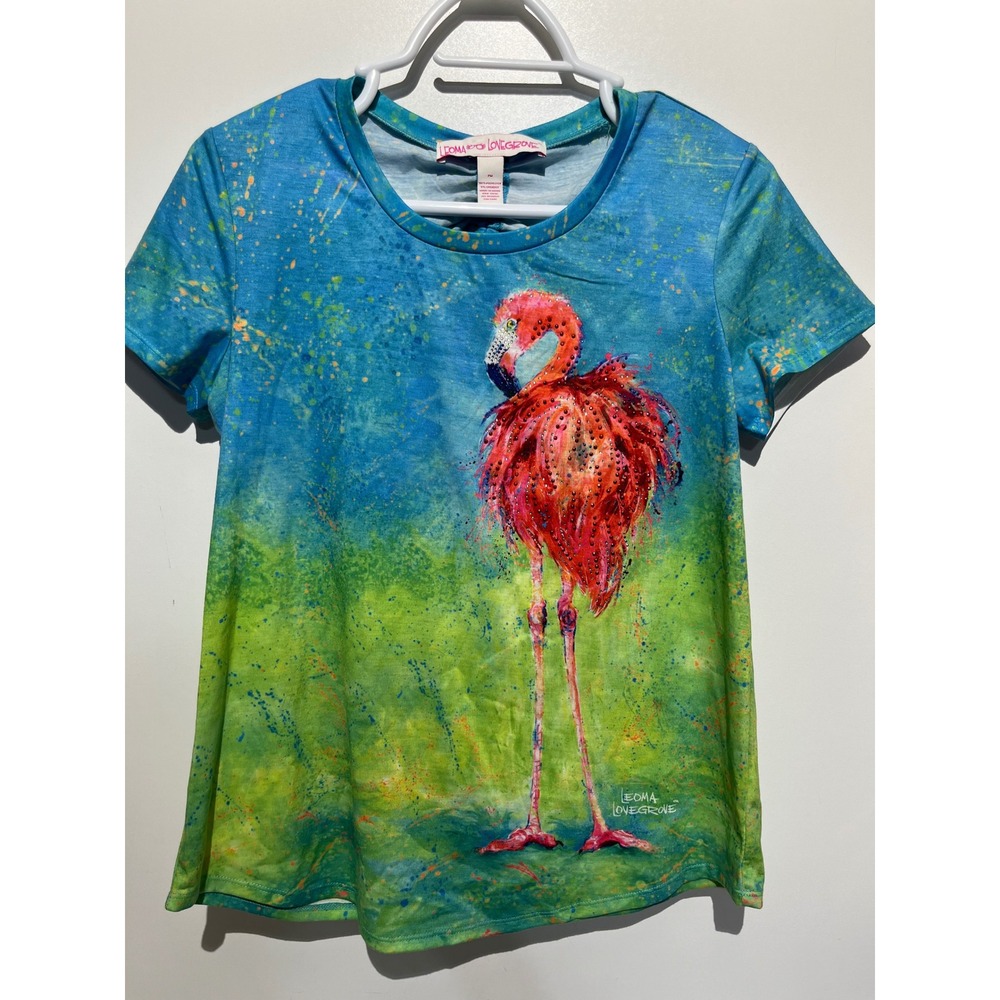 Leoma Lovegrove Flamingo Rhinestone Graphic Top Blue Green Ombre PM Womens